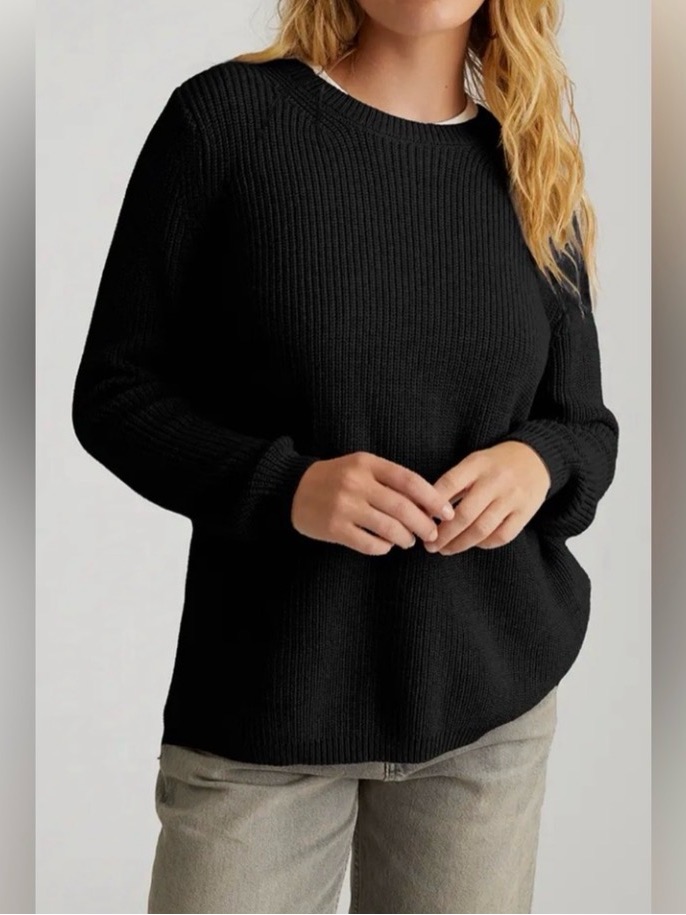 525 America Black Ribbed Knit Sweater Classic Crewneck Minimalist